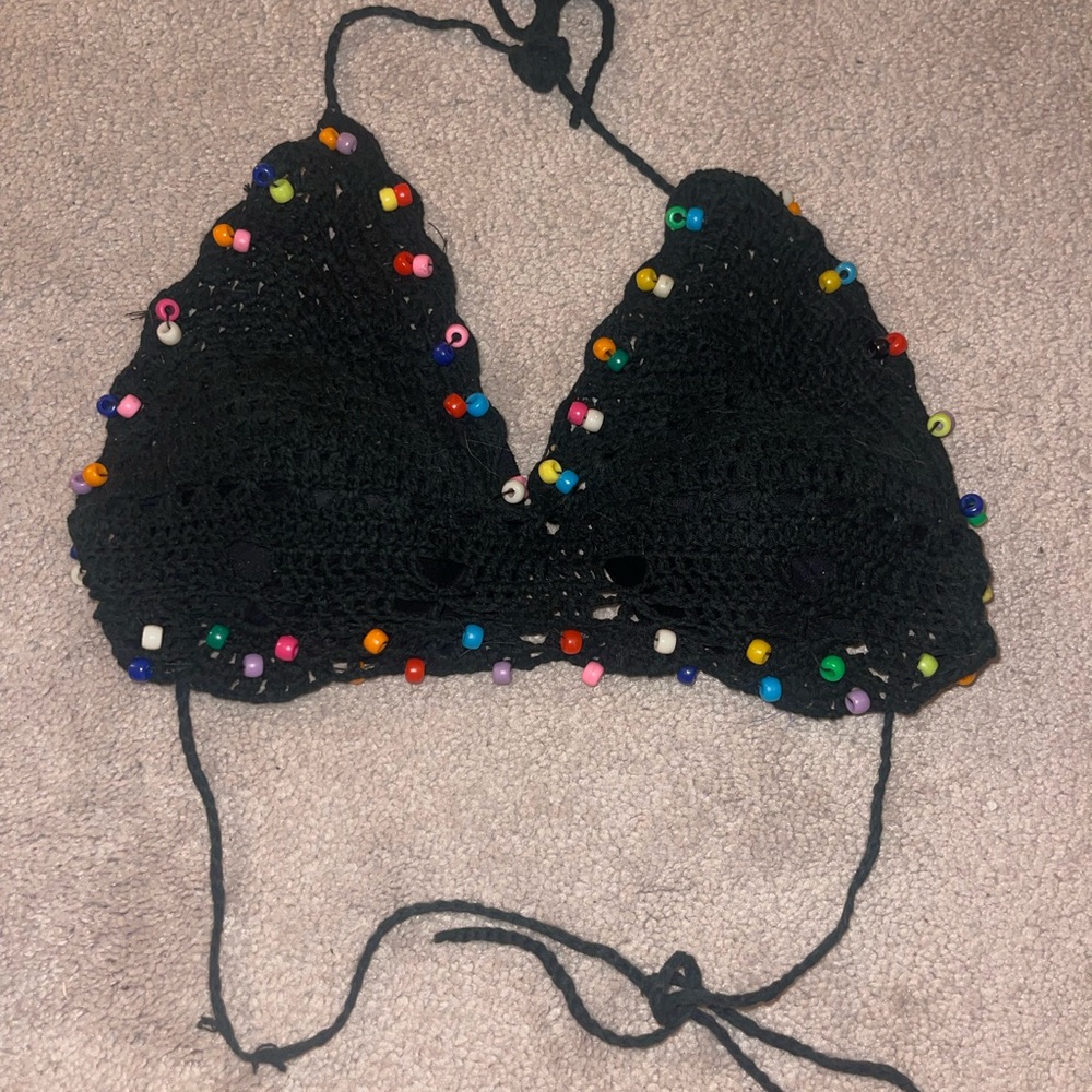Black Crochet Beaded Bikini Top